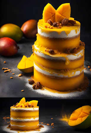 Delicious mango cake on a black background with ingredients around.の素材