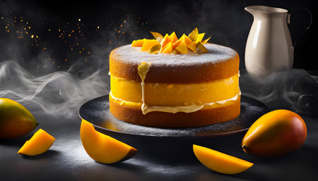 Delicious mango cake on a black background with ingredients around.の素材