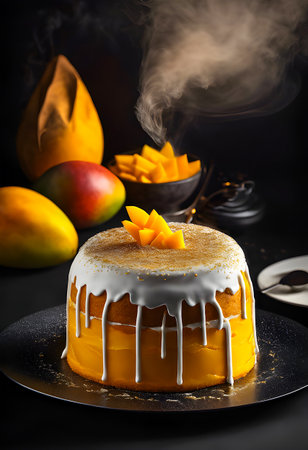 Delicious mango cake on a black background with ingredients around.の素材