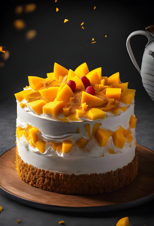 Delicious mango cake on a black background with ingredients around.の素材