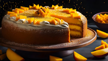 Delicious mango cake on a black background with ingredients around.の素材