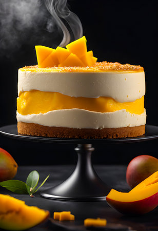 Delicious mango cake on a black background with ingredients around.の素材