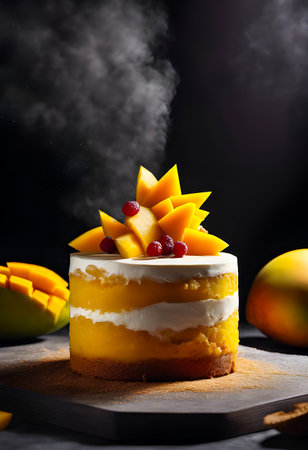 Delicious mango cake on a black background with ingredients around.の素材