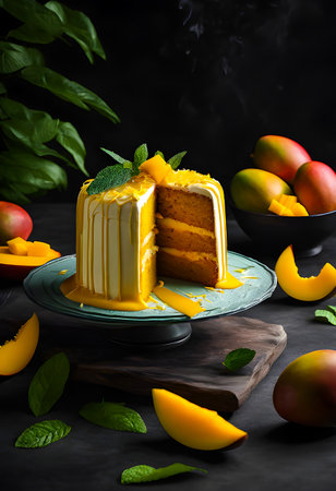 Delicious mango cake on a black background with ingredients around.の素材