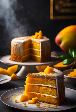 Delicious mango cake on a black background with ingredients around.の素材