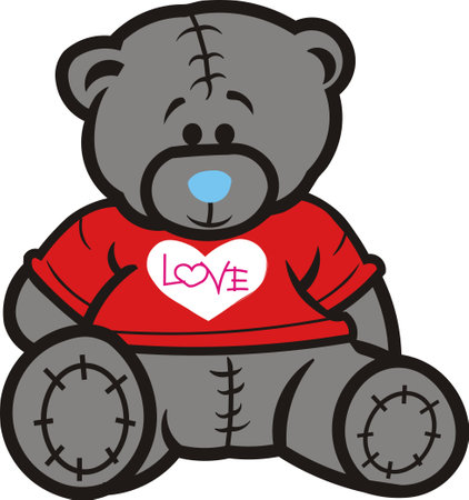 gray teddy bear in a red T-shirt with a white heart and the inscription loveの写真素材