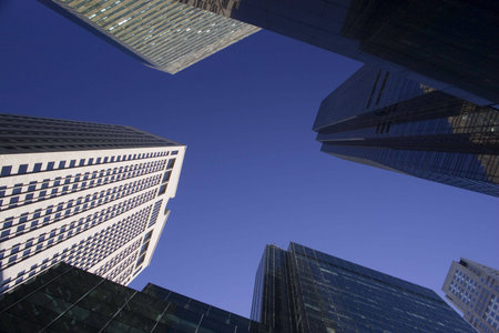 New York City corpoate buildings, lloking up the sky