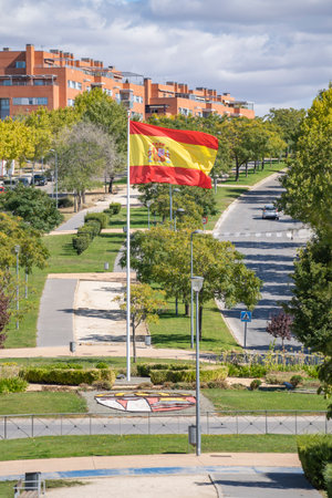 Big Spain waving flag on Paracuellos de Jarama , Madrid. Flag symbols of Spainの写真素材