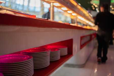 Low angle view of counter with food at asian buffet restaurant