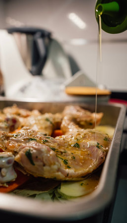 Chef pouring olive oil on chicken breasts preparing it for baking.