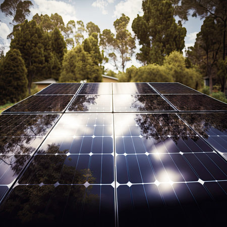 close up of solar panels in forest with light reflections of sun and trees.AI Generative