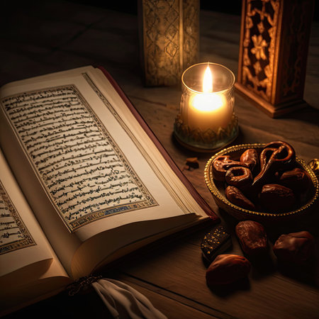 opened quran book near a candle and sweet dates. AI Generativeの写真素材