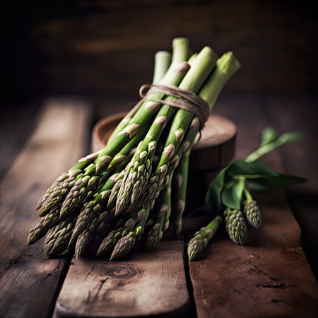 Bunch of fresh asparagus on wooden table. AI Generatedの写真素材