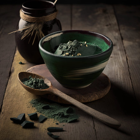 Fresh spirulina drink in glass, spirulina powder in bowl on dark background.AI Generatedの写真素材
