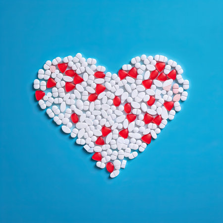 Heart symbol made of white and red pills against blue background. AI Generatedの写真素材