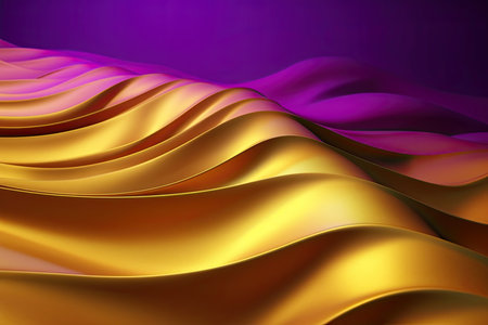 Abstract Background with 3D Waves Bright Gold and Purple Gradient Silk Fabricの写真素材