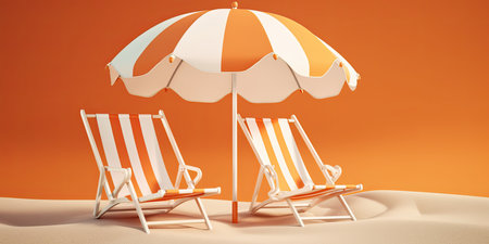 Two beach chairs with parasol on lush orange summer background 3D Rendering, 3D Illustrationの素材