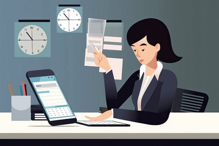 attractive business woman concentrated working in her office desk until late.Illustration