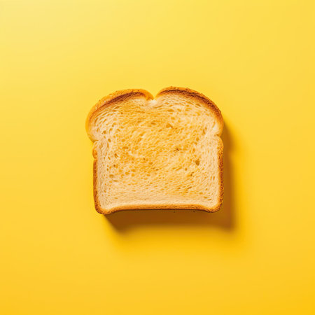 top view of healthy breakfast - fresh toast with butter against yellow mustard backgroundの素材