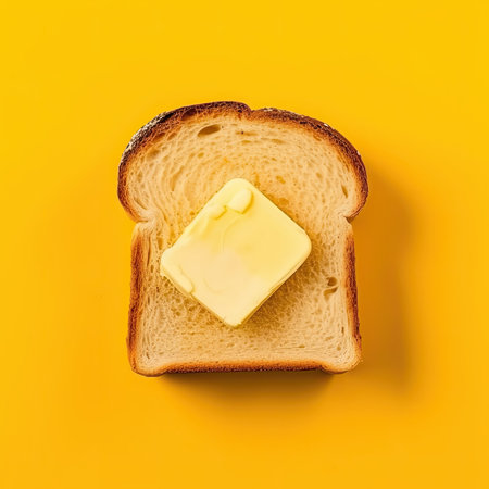 top view of healthy breakfast - fresh toast with butter against yellow mustard backgroundの素材