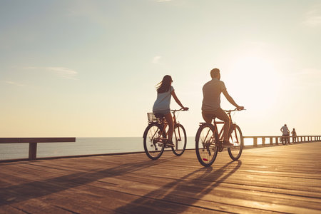 Couple of young hipsters cycling together at the beach at sunrise sky at wooden deck summer timeの素材