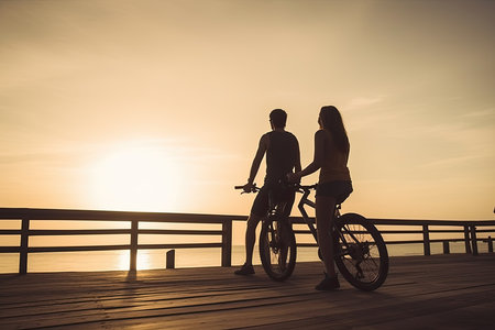 Couple of young hipsters together at the beach at sunrise sky at wooden deck summer time looking at sunsetの素材
