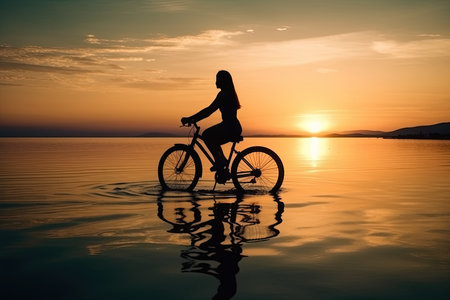The silhouette of a sporty girl sitting bicycle in the water at sunset on a warm summer day. Fitness conceptの写真素材
