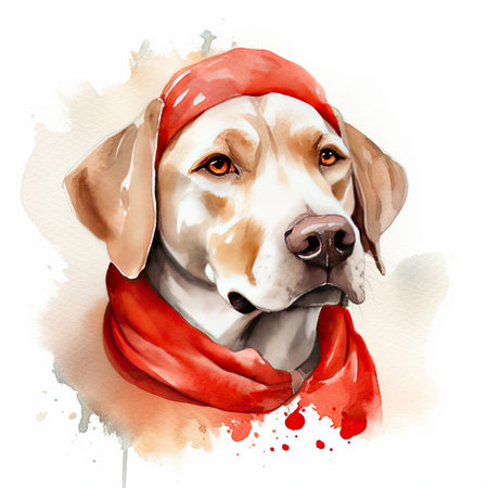 Cute dog wearing red bandana in neck and head. Watercolor illustration.の素材