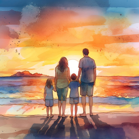Family In summer vacation parents and kids looking at sunset in the beach in watercolorの素材