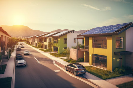 Street with modern houses. Modern homes with solar panels on the roof and electric vehicles. 3d renderingの素材