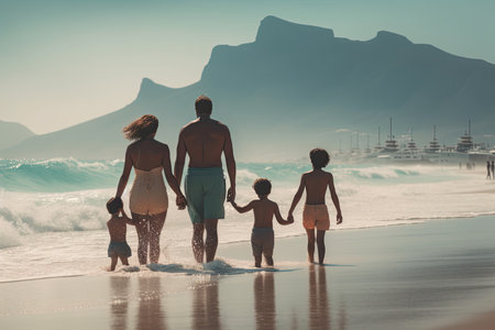happy family enjoying together by the sea on nature backgroundの素材