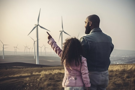 Cinematic shot of afro american young father engineer beside his daughter looking on windmill field. Concept of renewable energy and sustainabilityの素材