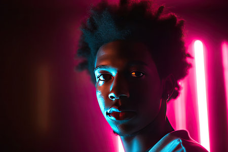 Close up portrait of unknown afro american young man face posing with neon lights reflectionsの素材