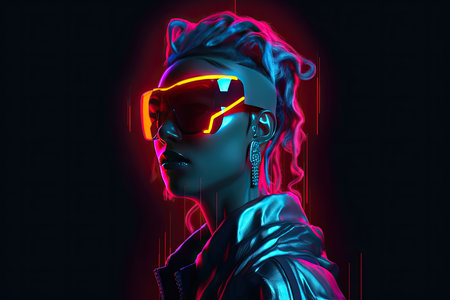 illustration of beautiful young woman portrait futuristic neon styleの素材