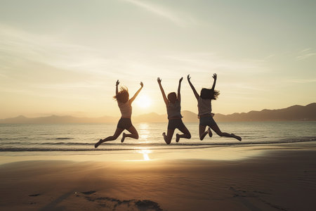 rear view of Group of three happy asian young women jumping on beach with sea in the background during sunset.Copy spaceの素材