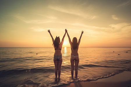Happy Girls friends raising arms in the beach at sunsetの素材
