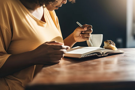 Unrecognizable pregnant African American female with curly hair sitting at table, reading book while drinking coffeeの素材