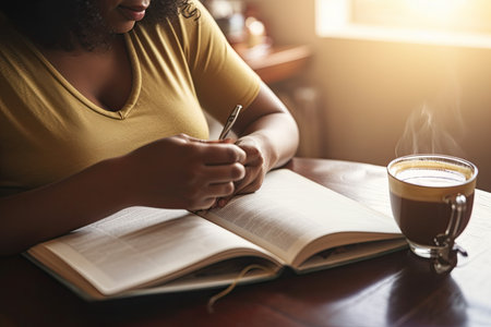 Unrecognizable pregnant African American female with curly hair sitting at table, reading book while drinking coffeeの素材