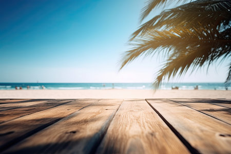 Empty wooden table in front of blurred background of the beach, coconut palm, blue sky bright sunlight with copy spaceの素材
