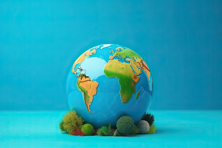 World map isolated on blue background. World Map Green Planet Earth Day or Environment day Concept.Generative AIの素材