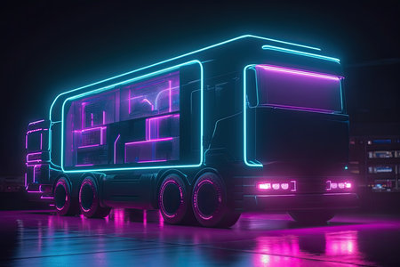 futuristic Autonomous unmanned truck control system with neon lights at night.Generative aiの素材