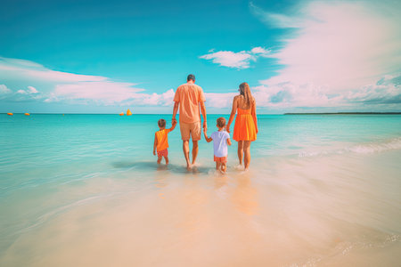 Family in summer clothing walks hand in hand down a tropical paradise beach and enjoys their vacation time.Generative aiの素材
