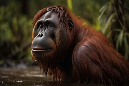Bornean orangutan Pongo pygmaeus wurmbii in the wild nature. Rainforest of Island Borneo. Indonesia.Generative aiの素材