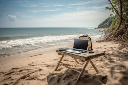 Laptop on wooden table on tropical beach.Digital nomad and remote work concept.Generative aiの素材