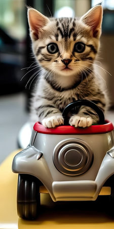 kitten sitting inside miniature toy car at home and looking.Generative aiの素材