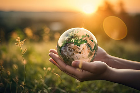 hand holding a globe against green nature background and grass.Concept of environment sustainability.Generative AIの素材