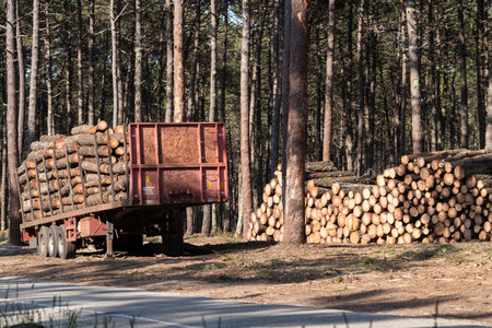 Freshly made firewood in the evergreen forest and ready for transport. Environmental damage, ecological issues conceptの写真素材