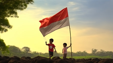 blurred illustration of Young boys or kids holding indonesia flag with great enthusiasm at sunsetの素材