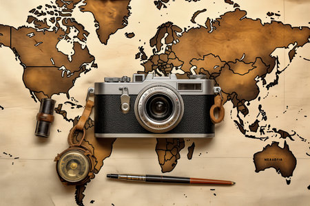 Top view of film camera, compass, magnifier against a brown world map in the backgroundの素材