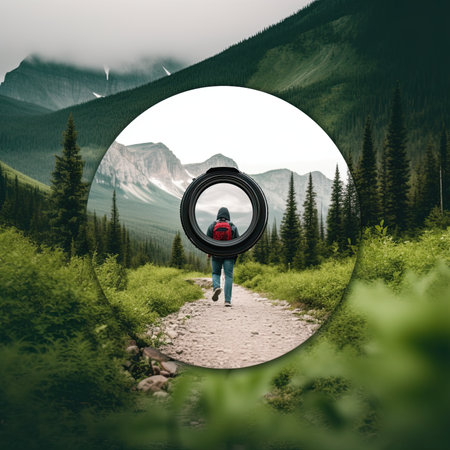 Hiker viewed from different camera lens in the forest.の素材